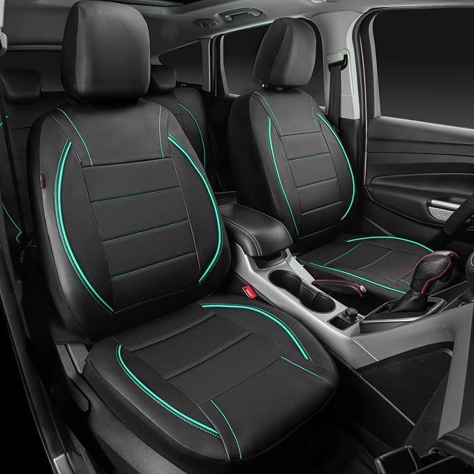 Universal FIT Piping Leather Car Seat Cover, for suvs,Van,Trucks,Airbag Compatible,Inside Zipper Design and Reserved Opening Holes (Full Set, Black and Mint)