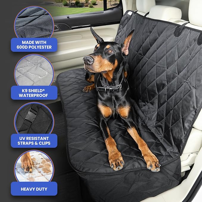 Back Seat Pet Cover for Dogs w/o Hammock – 54" Wide, Waterproof Car Seat Cover, Non-Slip, Heavy-Duty – Fits Cars, SUVs, Small Trucks – 2 Seat Belt & Latch Access – Back Seat Protector (Black)