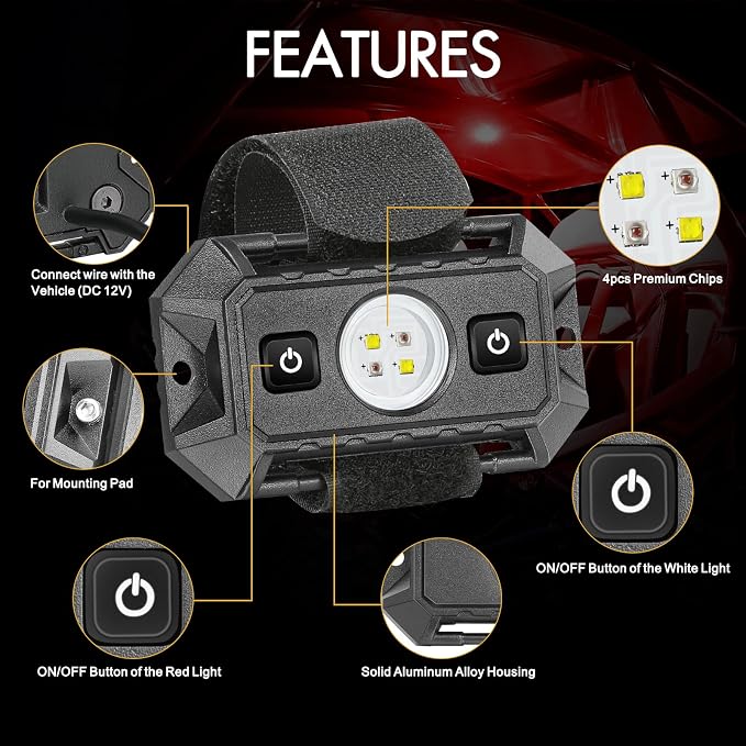 UTV Dome Light, 12v UTV LED Interior Dome Lights Universal Roll Bar Mount Led Lights Utility Roll Cage Map Light for UTV ATV Polaris Ranger RZR Can-Am SXS Golf Cart Cab - White/Red