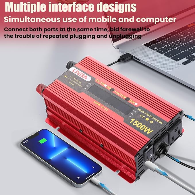 1500 Watt Power Inverter with LED Display,Dual AC Outlets,USB Port, 24V DC to 110V AC Converter Car Power Inverter for Vehicles, Car, RV, Truck, Off Grid Solar System, Outdoor Camping