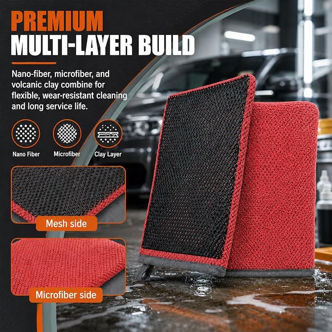 Clay Mitt for Car Detailing, No Scratch Reusable Magic Clay Bar Glove, Microfiber Auto Cleaning Supplies for Removing Debris from Paint, Glass, Wheels, Windshield(Red)