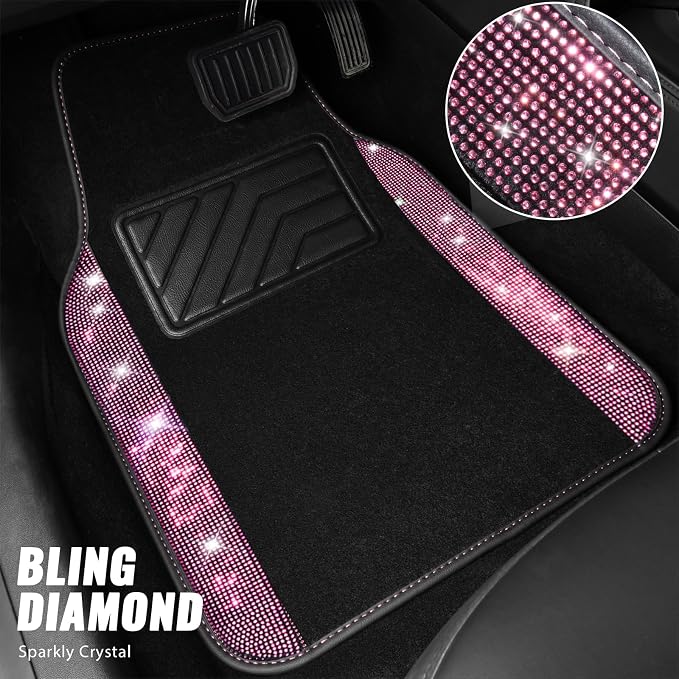 Bling Diamond Leather Steering Wheel Cover 14.5in-15in Floor Mats Shining Rhinestone Carpet Sparkly Glitter Crystal Anti-Slip Pad Fit Automotive SUV Pickup Truck Girl Women, 5pcs Black Pink