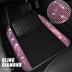 Bling Diamond Leather Steering Wheel Cover 14.5in-15in Floor Mats Shining Rhinestone Carpet Sparkly Glitter Crystal Anti-Slip Pad Fit Automotive SUV Pickup Truck Girl Women, 5pcs Black Pink