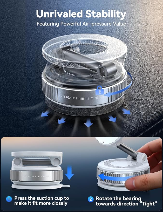 Vacuum Magnetic Car Phone Holder, Strongest Suction Cup 360° Adjustable Magsafe Car Phone Mount, Foldable Cell Phone Holders for Your Car for iPhone 16 Pro Max 15 14 13 12 Plus/Android
