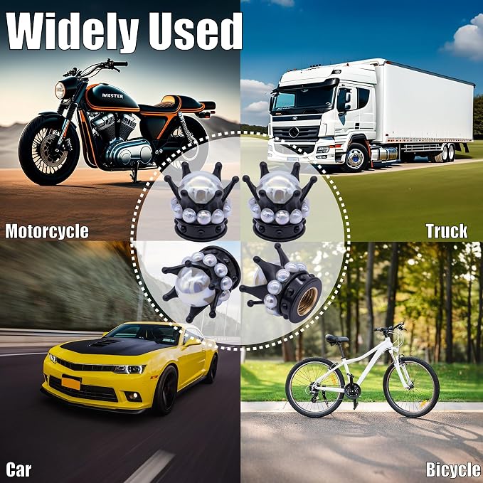 4PCS Crown Bling Tire Stem Valve Caps, Crystal Diamond Tire Air Cap Set Universal Copper Core Stem Covers for Cars, SUV, Trucks, Bikes, Motorcycles, Bicycles (Black & White)