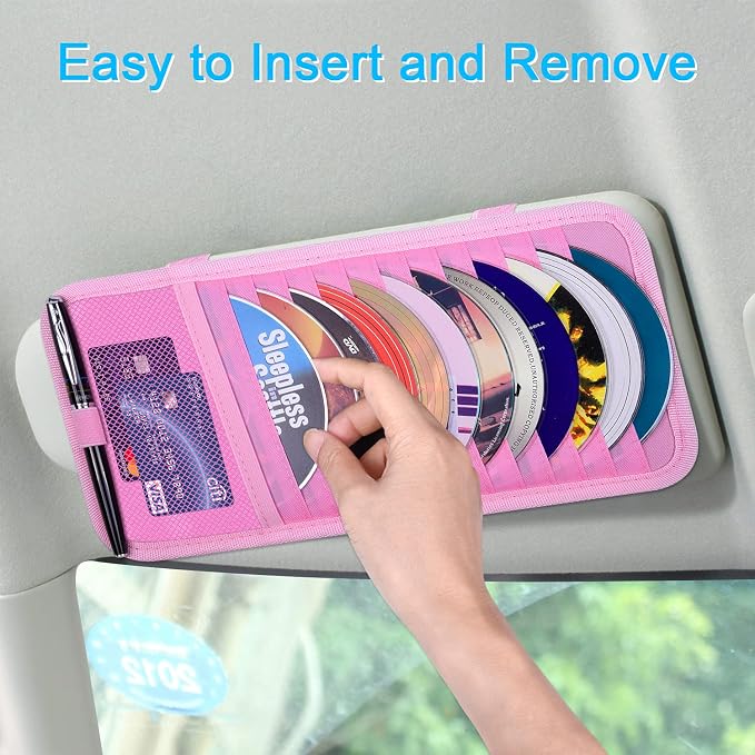 Car CD Case Holder, Vehicle Sun Visor Organizer for Cars with 12 DVD Storage Sleeves, 1 Mesh Pocket, 1 Pen Holder and Elastic Strap, Pink
