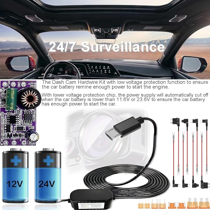 Dash Cam Hardwire Kit, Car Dash Camera Micro Charger Hard Wire Kit for Dashcam DC 12-24V to 5V/2.5A Low Voltage Protection 24h Parking Surveillance with Fuse Tap