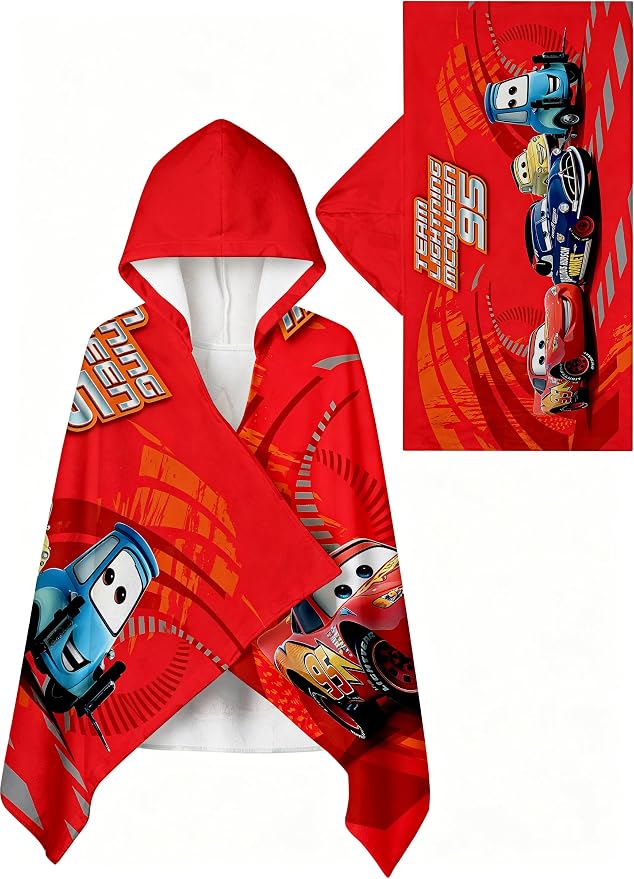 Cars Printed Soft Cotton Terry Hooded Towel Wrap, Absorbent Wearable Hooded Towel for Bath Pool Beach, 28 in x 55 in