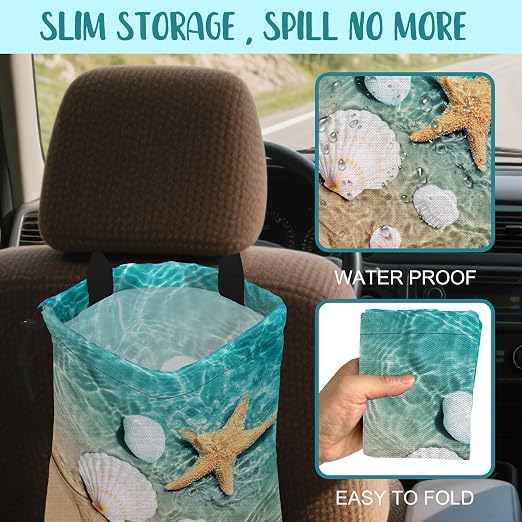 Car Garbage Bag Summer Starfish Seashell on Beach Hanging Canvas Car Trash Bag Waterproof Drawstring Car Back Seat Organizer for Car Back Front Seat Console with Adjustable Buckle