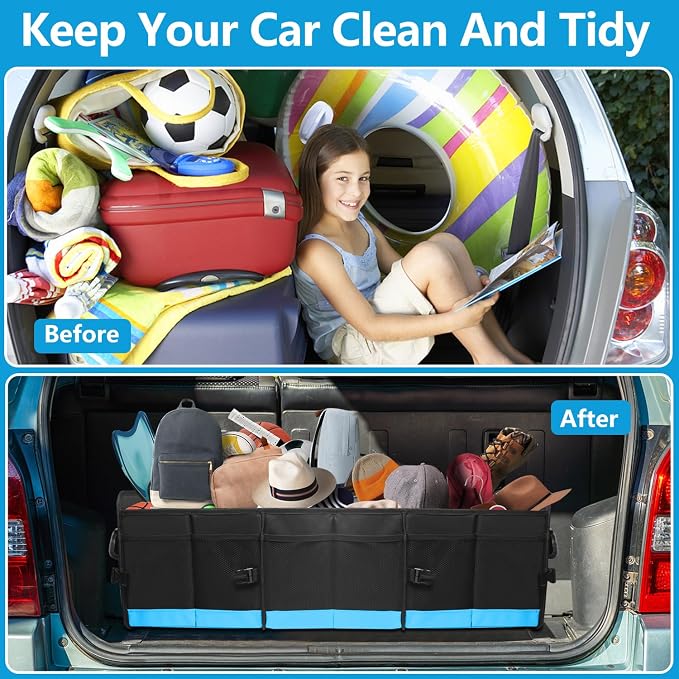 Trunk Organizer for Car, Car Storage Organizer with 2 adjustable straps, 95L Large Capacity Cargo Organizer for Suv, Truck, Sedan, Waterproof Portable Car Organizers for Women Men（Blue）