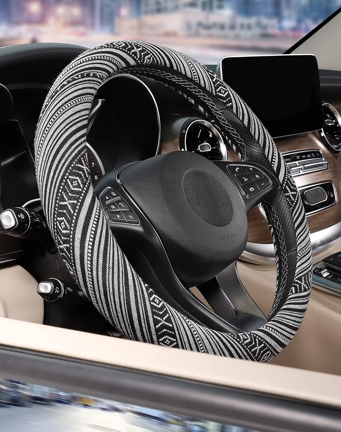 Boho Steering Wheel Cover with Baja Blanket Cloth, Ethnic Style Auto Wheel Cover Made of Coarse Flax, Fits 14 1/2-15 1/4 inches Car Wheel