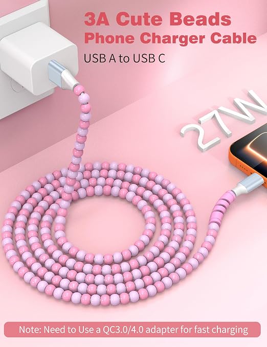 USB A to USB C Cable 3FT,Beaded Charger Cord for iPhone 17 16 Pro Max 15 for Carplay,Type C Cute Car Charger Cord for iPad 10 11th A16/Samsung S26 S25 S24 S23/Pixel/Android Phone Girls Women,Link-Pink