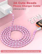 USB A to USB C Cable 6FT,Beaded Charger Cord for iPhone 17 16 Pro Max 16e 15 Car play,Type C Cute Car Charger Cord for iPad 10 11th A16/Samsung S26 S25 S24 S23/Pixel/Android Phone Girls Women,LinkPink