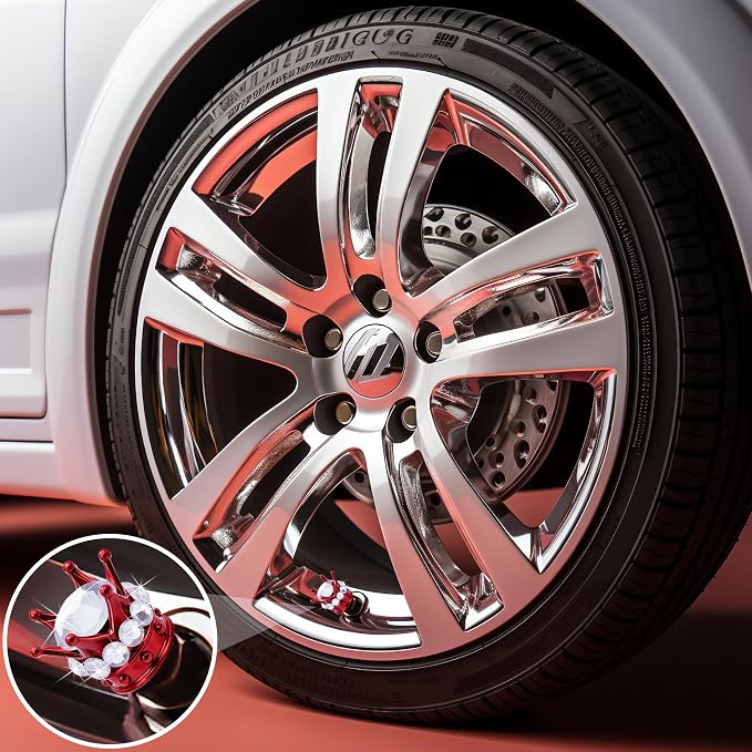 4PCS Crown Bling Tire Stem Valve Caps, Crystal Diamond Car Wheel Tire Valve Caps Universal Copper Core Stem Covers for Cars, SUV, Trucks, Bikes, Motorcycles, Bicycles (Red & Silver)