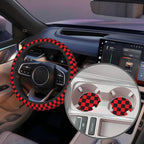 Black and Red Checkered Steering Wheel Cover with 2 Pcs Car Coasters Neoprene Steering Wheel Cover for Women Men Anti-Slip Breathable Car Accessories Universal 15 Inch Fit Auto Cars Trucks