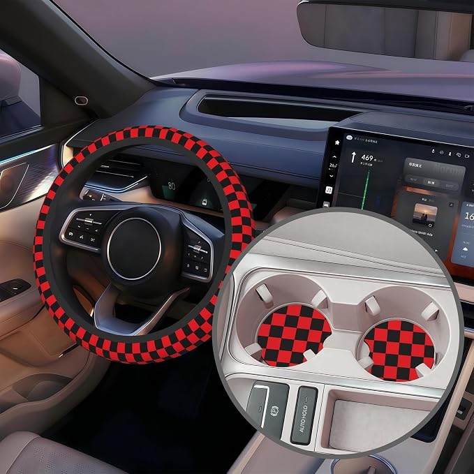 Black and Red Checkered Steering Wheel Cover with 2 Pcs Car Coasters Neoprene Steering Wheel Cover for Women Men Anti-Slip Breathable Car Accessories Universal 15 Inch Fit Auto Cars Trucks