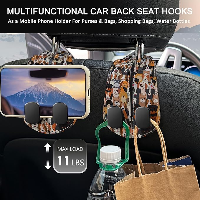 2PCS Car Seat Back Storage Headrest Hooks, Cute Dogs Puppy Purse Holder Bags Hanger, PU Leather Double Metal Hook for Backseat Organizer, Women Car Accessories Organization