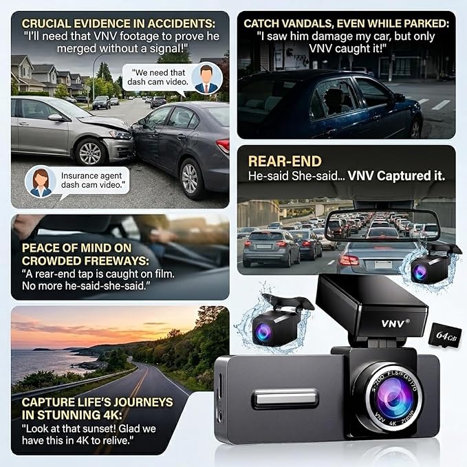 VNV 4K+2.5K Dash Cam Front and Rear, GalaxyCore Sensor, Free 64GB Card Included, Built-in WiFi App Control, Dash Camera for Cars with WDR Night Vision,170°Wide Angle, 24H Parking Mode, 2" IPS, S-V200