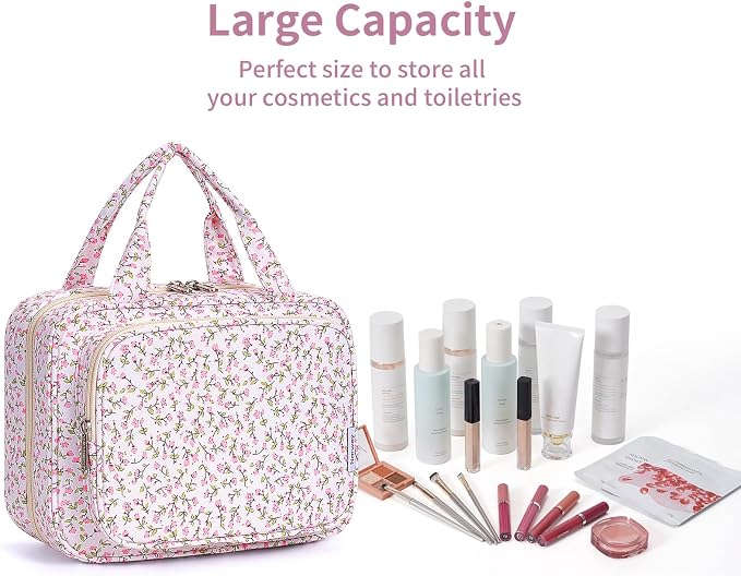 Hanging Toiletry Bag for Women Travel Makeup Bag Organizer Toiletries Bag for Travel Size Essentials Accessories Cosmetics (Pink Flower (Medium))
