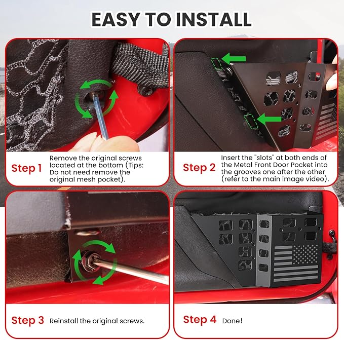 Metal Front Door Pocket Storage Box for Jeep Wrangler JK JKU 2018 2017 2016 2015 2014 2013-2007 2/4 Door Accessories, Door Organizer Molle Panels, Flag, 2PCS