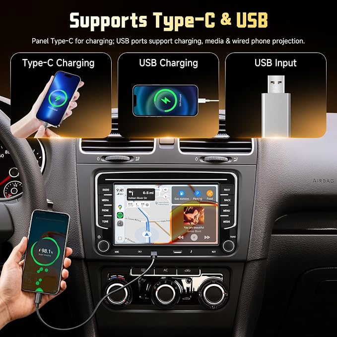 7' IPS Screen Car Radio for VW Jetta Tiguan Golf Passat MK5 MK6 T5 EOS Polo | 5Ghz WiFi,Android 15 4G+128G Radio Car Stereo with Wireless Carplay Android Auto,Type-C USB,5.0 Bluetooth 32EQ,FM/RDS,GPS