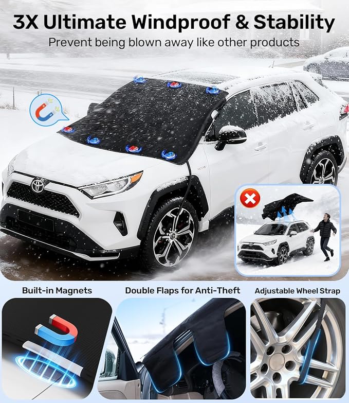 Upgrade Windshield Cover for Ice & Snow [Fast Install & Removal] 600D Oxford Fabric Against Magnetic Fit Snow, Ice, Frost, Winter Accessories - Fit for Pickup/Large SUV/MPV - (70' x54'')