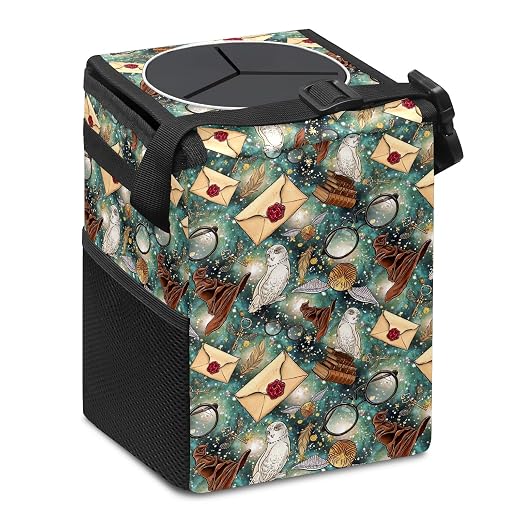 Halloween Wizard Owl Magic Car Trash Can with Lid Collapsible Reusable Waterproof Car Garage Bag,Automotive Garbage Can,Car Accessories Interior Car Organizer