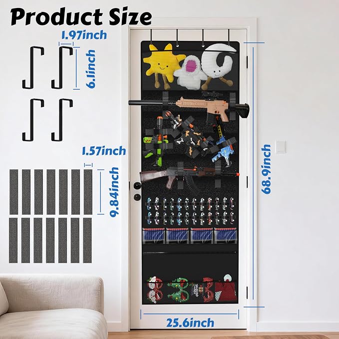 Over the Door Organizer for Toy Storage, 68.9"x25.6" Door Hanging with Hooks Slots Pockets and Felt Display Cabinet for Toy Guns, Toy Cars, Stuffed Animal, Home Living Space Saving Storage (Black)