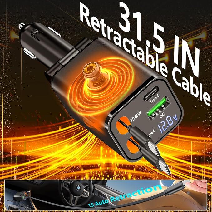 [Apple MFi Certified] Retractable Car Charger USB C, Caiinei 120W USB C Car Charger 4 in 1 PD/QC Type C Fast Charging Cigarette Lighter Adapter for iPhone 17/17 Pro Max/16 Pro/15/Galaxy S26/S25/Pixel