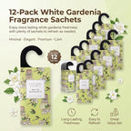 Large 12 Packs White Gardenia Hanging Scented Sachets Long-Lasting Closet Deodorizer Air Freshener Fabric Refresher Odor Eliminator for Drawer Home Fragrance Gift Set