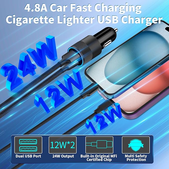 [Apple MFi Certified] iPhone Fast Car Charger, 2Pack 4.8A Dual USB Car Power Cigarette Lighter USB Car Carplay Charger with Lightning Braided Cable for iPhone 14 13 12 11 Pro XS XR X 8 iPad