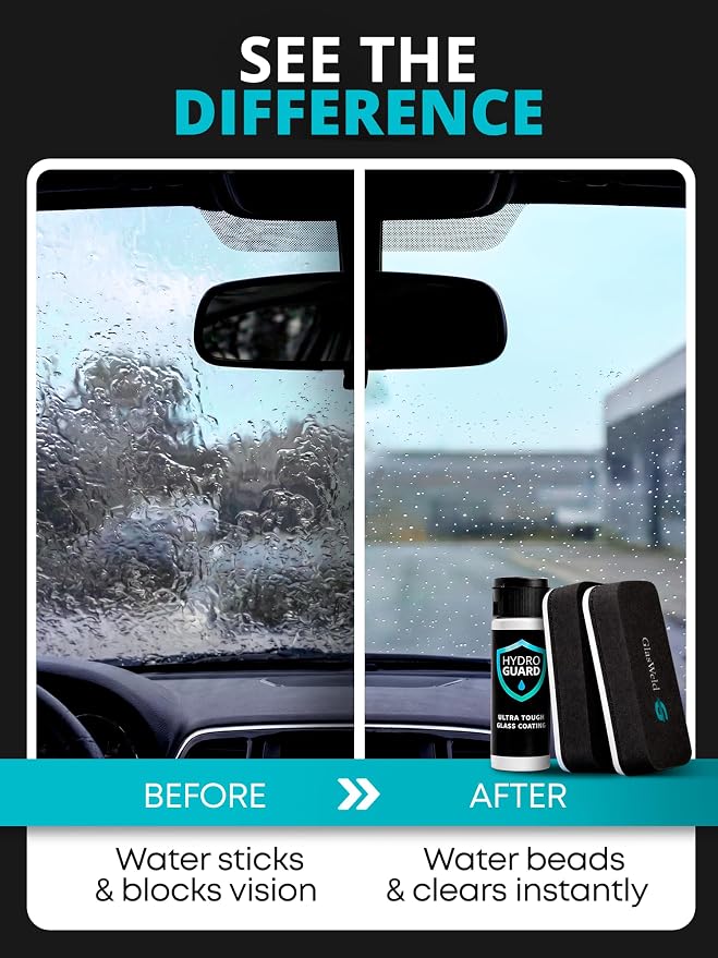 HydroGuard Windshield Glass Coating Kit – Long-Lasting Auto Windshield Water Repellent, Anti Fog, Improves Visibility & Reduces Glare – Professional Rain Repellent for Car – 30ml 1 Pack