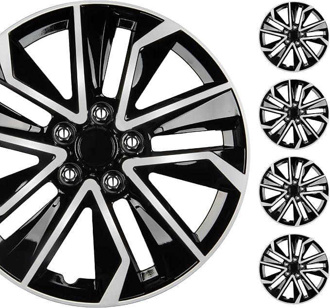 16 Inch Hubcaps Set of 4 – OEM Replacement Snap-On Wheel Rim Covers - Universal Fit Car Wheel Cover for Cars, Trucks, SUV, Vans Durable ABS Black & Silver 10-Spoke Hub-Cap Car Accessories Exterior