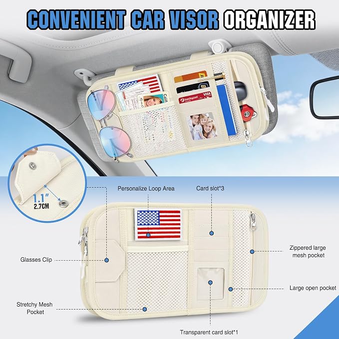 Car Sun Visor Organizer, Tactical Car Accessories with Zipper Storage Pouch, Glasses Clip Card Sleeve Pocket, Multi-Pocket Visor Organizer Fits Most Cars, SUVs, Trucks