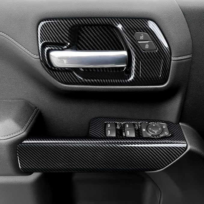 Car Carbon Fiber ABS Window Lift Switch Panel Sticker Cover Interior Trim Decal for 2019-2025 Chevy Silverado | for GMC Sierra 2019-2021 1500 2500 3500 HD Accessories (Crew Cab)