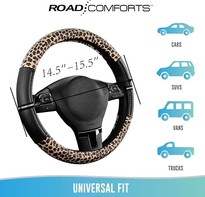 Leopard Steering Wheel Cover for Women, Cute Anti-Slip Microfiber Leather, Universal Fit 14.5-15 Inch Round Steering Wheel - Black