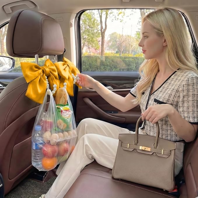 2PCS Satin Bow Pearl Car Seat Headrest Hooks – Car Bag Holder & Vehicle Hanger for Purses – Cute Coquette Aesthetic Interior Decoration – Cute Auto Organizer Accessories Universal (Glod)