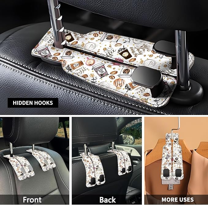 Car Seat Headrest Hook, Universal Leather Cute Hanger Holder Hook, Storage Organizer Interior Accessories for Purse Bags Handbag Funny Coffee Pattern
