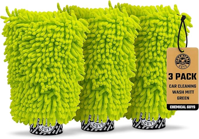 Chenille Premium Scratch-Free Microfiber Wash Mitt, Lime Green, 9.6" x 2.3" x 7" (3 Pack) - MIC49303