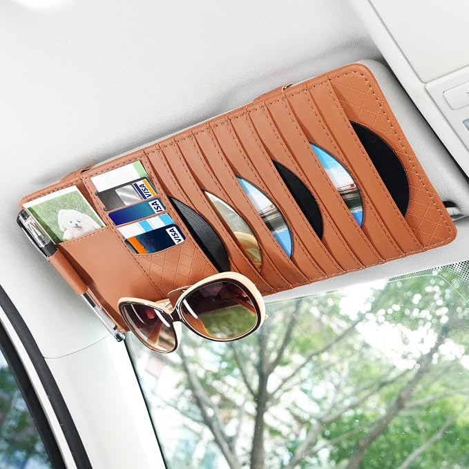 Sun Visor CD Case Holder for Car - Multi-Function Visor Organizer with CD/DVD Storage, Eyeglass Clip, Card Slots & Pen Holder, Durable Leather Car Accessories (Orange)
