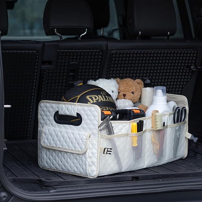 Car Trunk Organizer for SUV, Car Storage Organizer Collapsible Multi Compartment Container Box, Adjustable Car Accessories for Women/Men, Large Beige