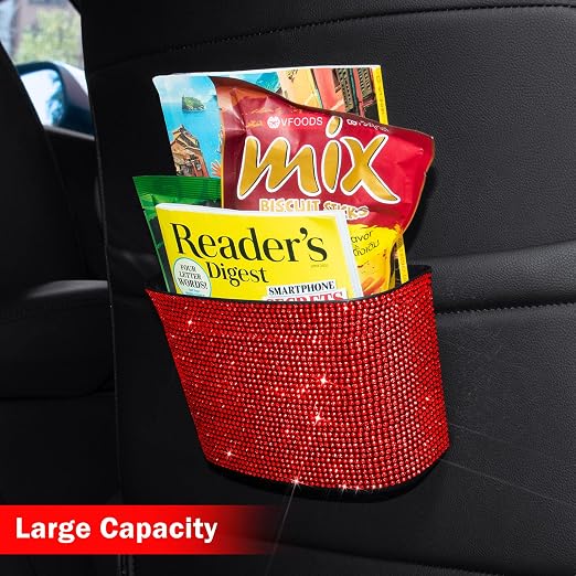 Car Trash Can, Hanging Trash Bin, Leakproof Garbage Organizer, Bling Vehicle Waste Basket, Mini Dustbin Container with Clip for Car, Office, Kitchen, Bedroom, Home and More, Red, Small