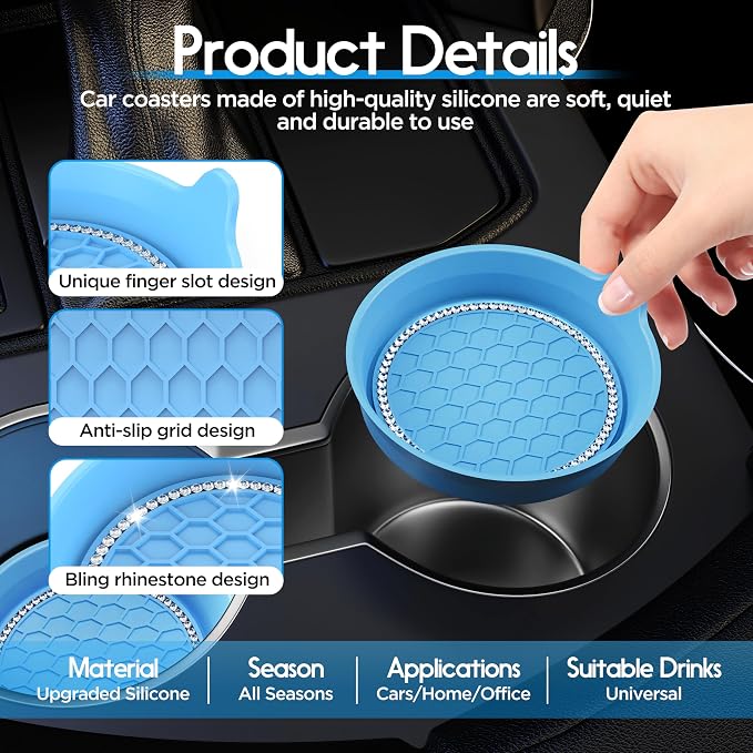 Car Cup Coaster Universal Non-Slip Cup Holders Bling Crystal Rhinestone Car Interior Accessories 4 Pack Light Blue