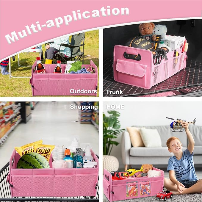 Car Trunk Organizer, Car Organizers and Storage Collapsible Multi Compartment Container Box, Adjustable Car Accessories for SUV Sedan Truck, Large Size, Pink