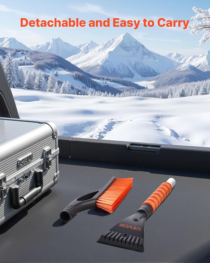 Snow Brush and Ice Scrapers for Car Windshield, 27-inch Aluminum Snow Scraper Removal Tool with Foam Grip & Scratch-Free Bristles, Detachable and Easy-to-Carry for Cars, Trucks, SUVs, RVs