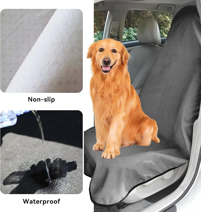 Waterproof Towel Car Seat Cover, Sweatproof Non Slip Towel Carseat Cover, Machine Washable Vehicle Bucket Frontseat Protector Accessories, Universal for SUV, Sedan, Truck (Gray)
