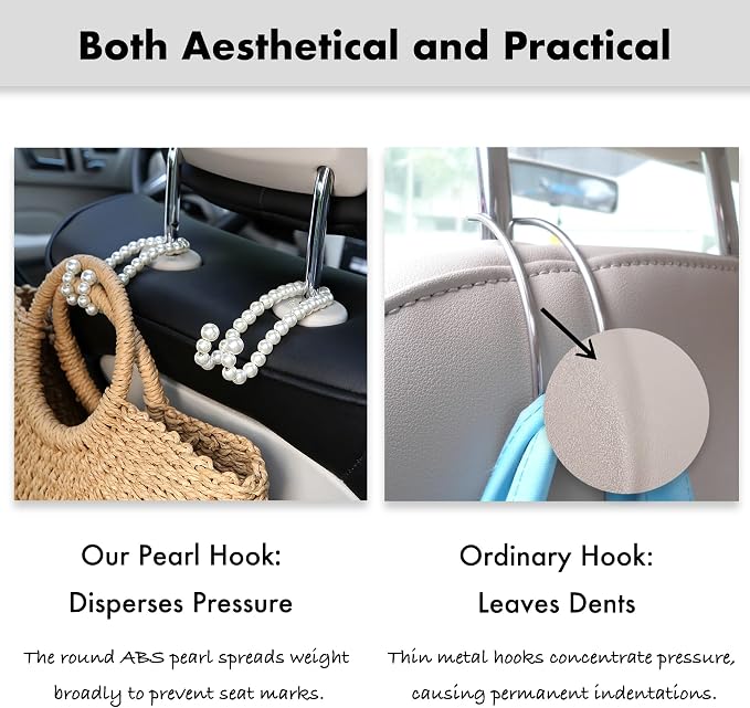 Purse Hook for Car, Cute Pearl Bag Hanger for Seat Headrest Organized, Girly Car Decor Accessories for Women