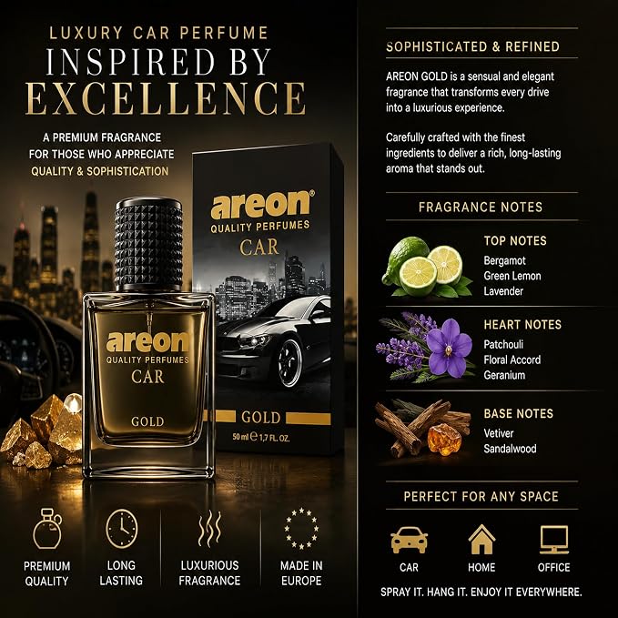 Car Perfume Gold - Air Freshener in Glass Bottle - Luxury Odor Eliminator Spray with Absorber Hanging Pad - Unique Fragrance & Long-Lasting Aroma for Vehicle, Office, Home - Made in Europe, 50ml