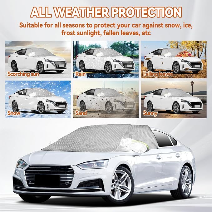 Windshield Window Snow Cover with 2 Hooks and 2 Mirror Covers Ice and Snow Front Window Sunshade Cover Fit for SUVs, Trucks, Cars (White-Sedans)