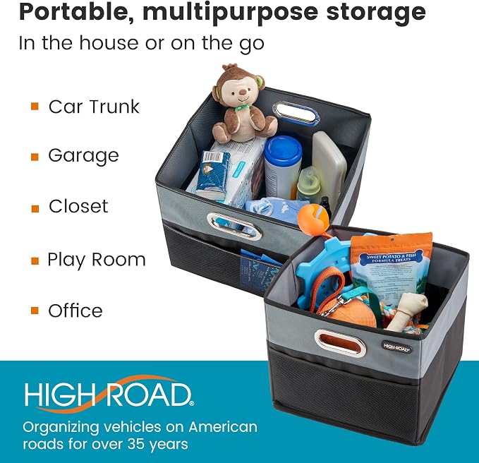 CargoCube Car Storage Bin - Leakproof Car Trunk Storage Organizer with Metal Handles and Front Mesh Pocket (Square)